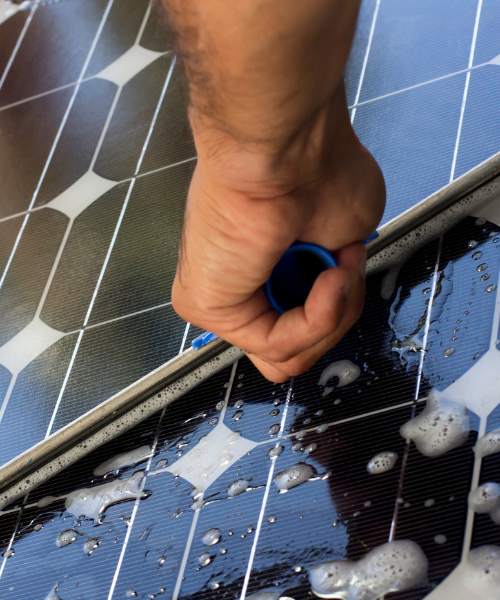 A person is cleaning a solar panel with a blue brush